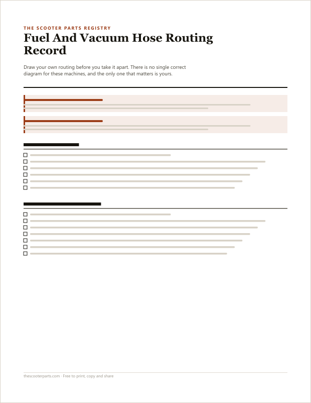 Preview of page one of the Fuel And Vacuum Hose Routing Record printable, showing its headings and fill-in areas