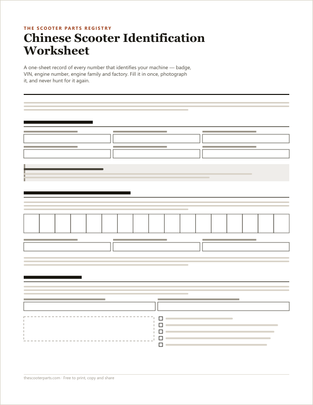 Preview of the first page of the Chinese Scooter Identification Worksheet printable