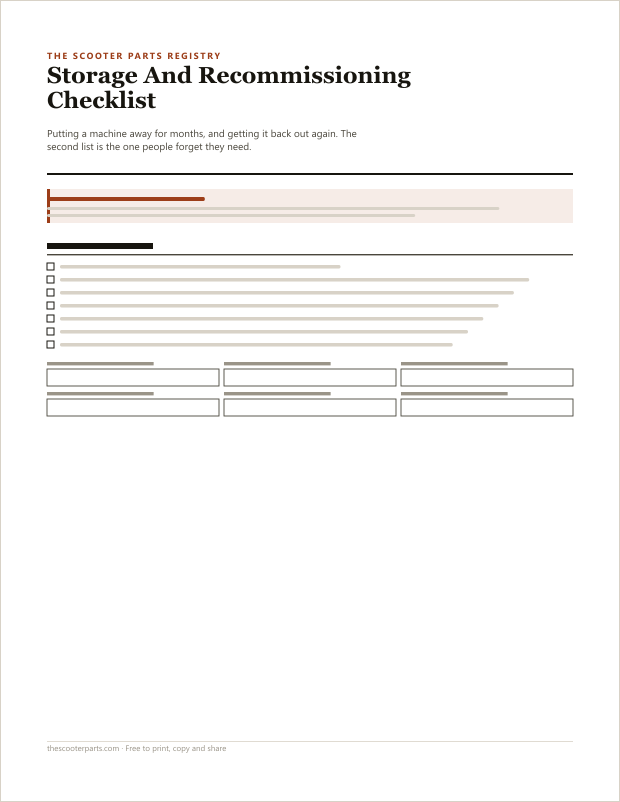 Preview of page one of the Storage And Recommissioning Checklist printable, showing its headings and fill-in areas