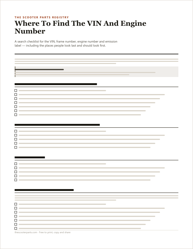 Preview of page one of the Where To Find The VIN And Engine Number printable, showing its headings and fill-in areas