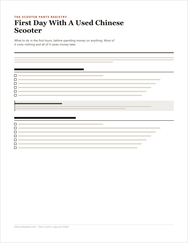 Preview of page one of the First Day With A Used Chinese Scooter printable, showing its headings and fill-in areas
