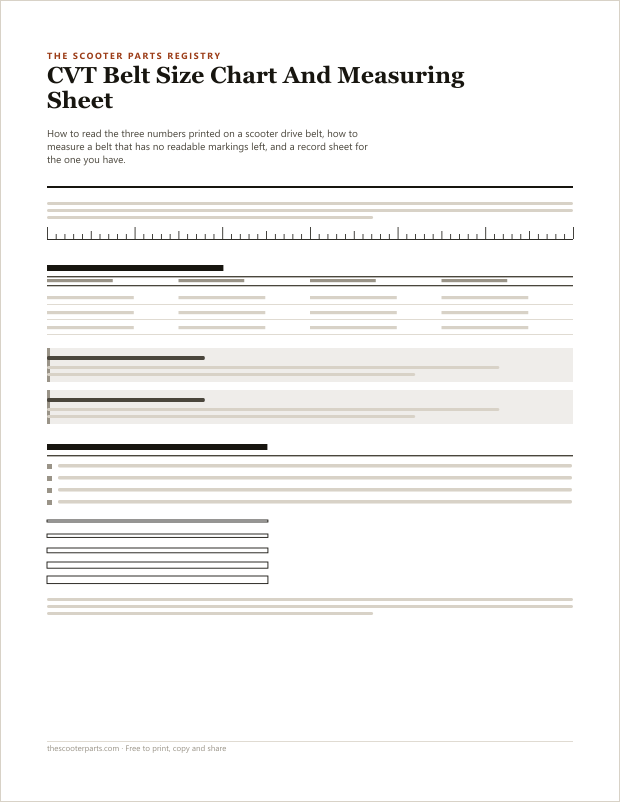 Preview of page one of the CVT Belt Size Chart And Measuring Sheet printable, showing its headings and fill-in areas