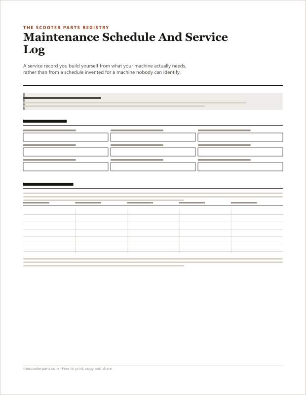 Preview of page one of the Maintenance Schedule And Service Log printable, showing its headings and fill-in areas