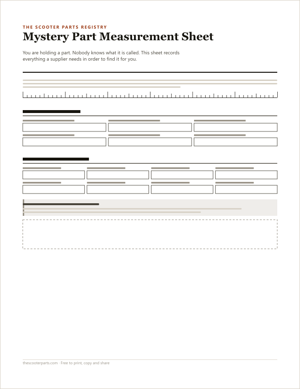 Preview of page one of the Mystery Part Measurement Sheet printable, showing its headings and fill-in areas