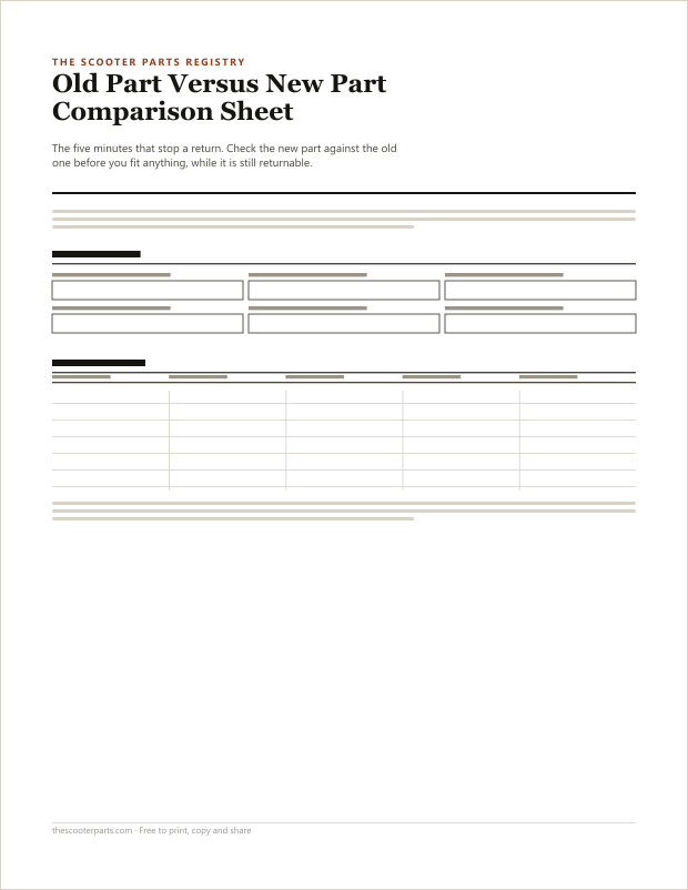 Preview of page one of the Old Part Versus New Part Comparison Sheet printable, showing its headings and fill-in areas