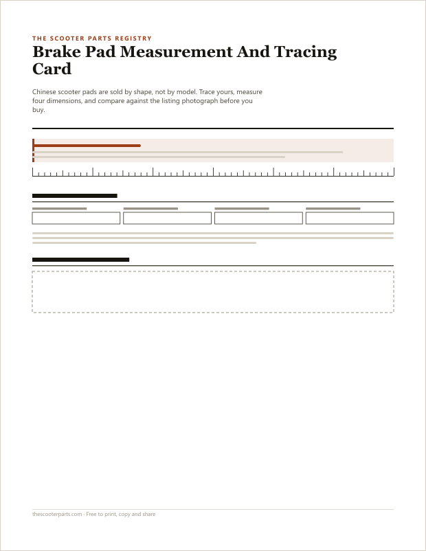 Preview of page one of the Brake Pad Measurement And Tracing Card printable, showing its headings and fill-in areas