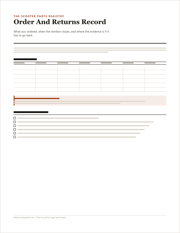 Preview of page one of Order And Returns Record