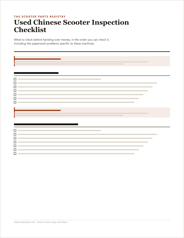 Preview of page one of the Used Chinese Scooter Inspection Checklist printable, showing its headings and fill-in areas