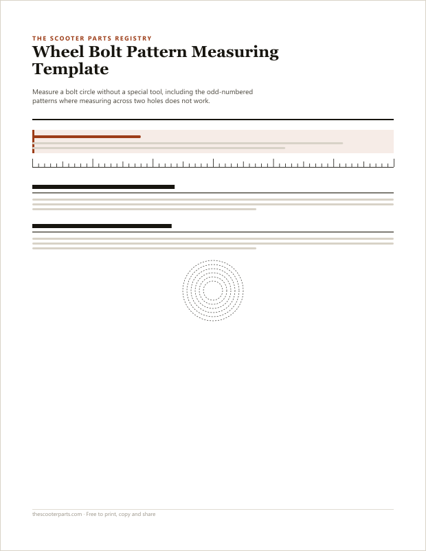 Preview of page one of the Wheel Bolt Pattern Measuring Template printable, showing its headings and fill-in areas